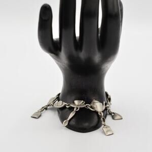 JJ Vintage Charm Bracelet Tea Pot Cookies Kettle Pewter Tone Signed 1980s BinAD